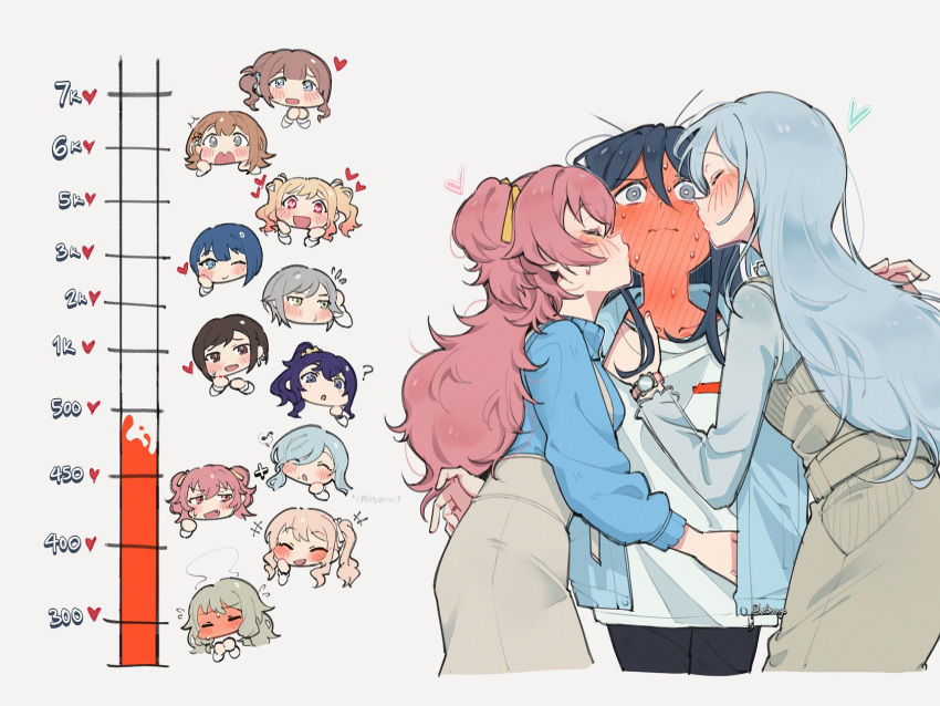 1other, 6+girls, akiyama_mizuki, asahina_mafuyu, blonde_hair, blue_eyes, blue_hair, blue_jacket, blue_shirt, blush, brown_eyes, brown_hair, closed_eyes, closed_mouth, full-face_blush, girl_sandwich, gradient_hair, green_eyes, grey_eyes, grey_hair, grey_skirt, hanasato_minori, hand_on_another's_shoulder, hand_on_another's_waist, heart, heart-shaped_pupils, highres, hinomori_shiho, hinomori_shizuku, hoshino_ichika_(project_sekai), jacket, kiritani_haruka, kiss, kiss_meter_(meme), kissing_cheek, kusanagi_nene, le0niigo, meme, mochizuki_honami, momoi_airi, multicolored_hair, multiple_girls, nervous_sweating, one_eye_closed, open_mouth, orange_hair, pink_hair, project_sekai, purple_hair, sandwiched, shinonome_ena, shirt, side_ponytail, skirt, sweat, symbol-shaped_pupils, tenma_saki, twintails, two_side_up, violet_eyes, watch, watch, white_shirt, yuri