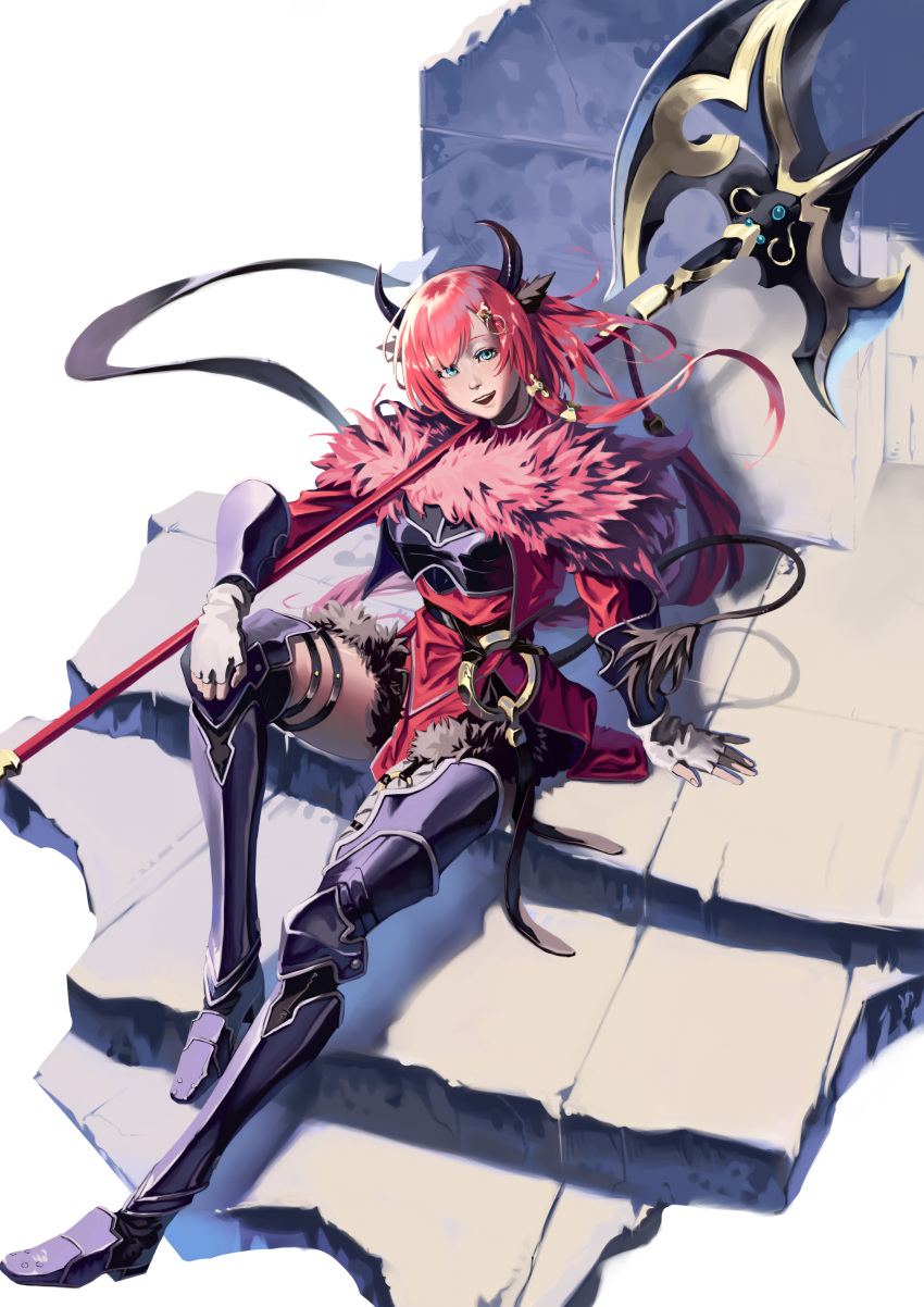 1girl, absurdres, animal_ears, arm_guards, axe, breasts, carina_(fire_emblem), cow_ears, cow_girl, cow_horns, fire_emblem, fire_emblem_shadows, fur_scarf, highres, holding, holding_axe, horns, leg_armor, long_hair, looking_at_viewer, medium_breasts, red_hair, red_tunic, shoko_(pixiv_74769700), smile, thighs, tunic