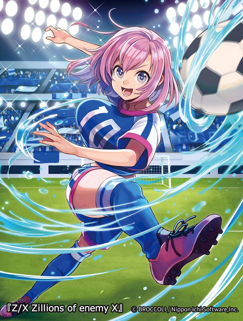 1girl, ball, blue_eyes, breasts, copyright_notice, frederica_(z/x), large_breasts, lower_teeth_only, medium_hair, night, night_sky, official_art, open_mouth, pink_hair, pink_shoes, playing_sports, shoes, sky, soccer_ball, soccer_stadium, soccer_uniform, solo, sparkle, splashing, sportswear, teeth, yuko_(uc_yuk), z/x