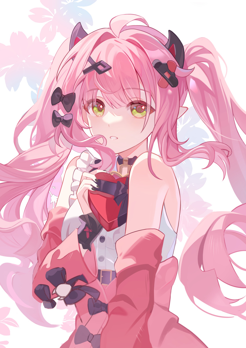 1girl, abby_riddle, absurdres, bare_shoulders, black_bow, black_nails, bow, box