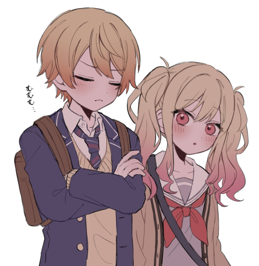 1boy, 1girl, backpack, bag, blonde_hair, blush, brother_and_sister, cardigan