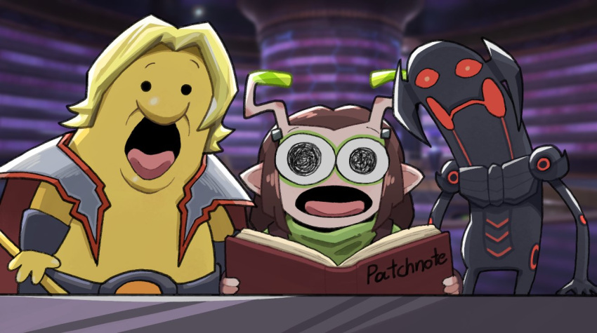 1girl, adam_warlock, alien, android, armor, avengers_(series), colored_skin, glowing, glowing_eyes, guardians_of_the_galaxy, hebinalmeog, humanoid_robot, long_hair, looking_at_viewer, mantis_(marvel), marvel, marvel_rivals, open_mouth, parody, red_eyes, robot, smiling_friends, superhero_costume, ultron, yellow_skin
