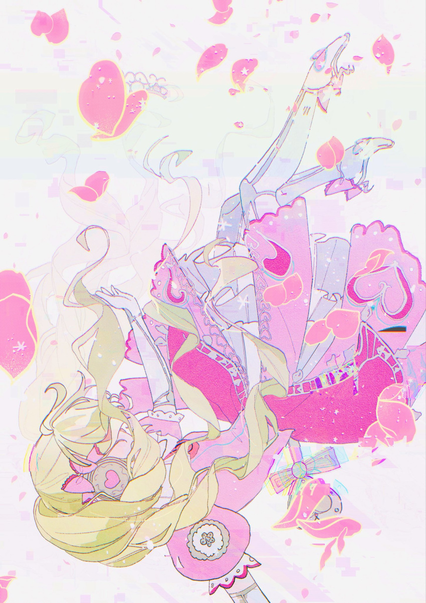 1girl, boots, bow, commentary, dress, elbow_gloves, falling, falling_petals