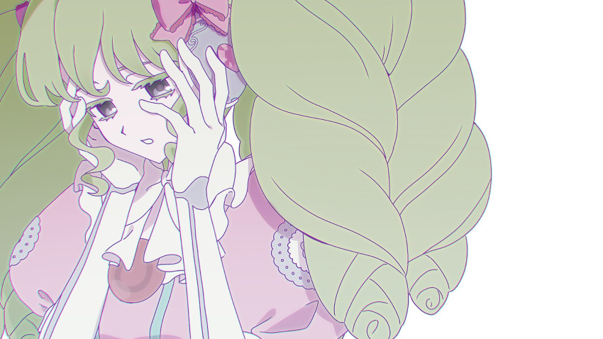 1girl, black_eyes, bow, bowtie, colored_eyelashes, commentary, dress, elbow_gloves