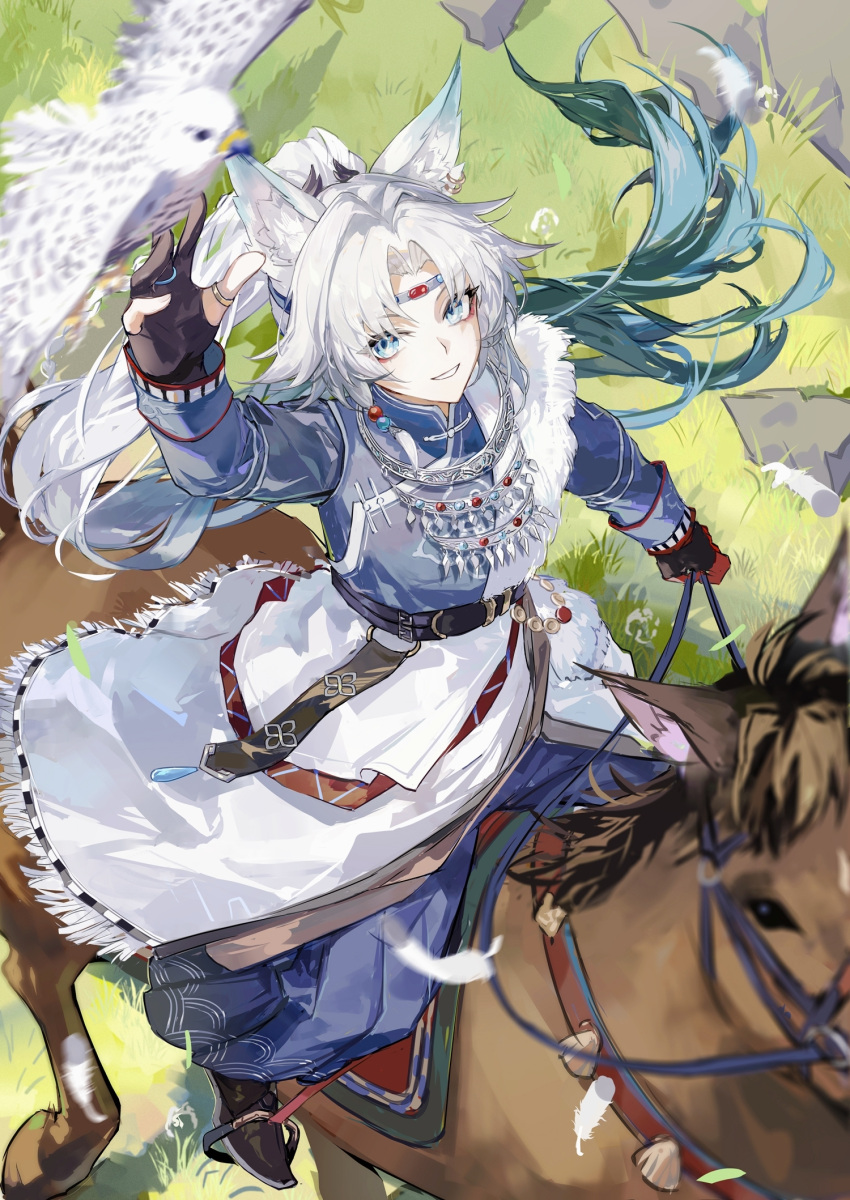 1girl, animal_ear_fluff, animal_ears, aqua_hair, bird, black_gloves, blue_eyes, boots, circlet, day, feathers, feixiao_(honkai:_star_rail), fingerless_gloves, fox_ears, full_body, fur_trim, gloves, gradient_hair, grass, highres, holding, honkai:_star_rail, honkai_(series), horse, jewelry, long_hair, long_sleeves, looking_at_viewer, multicolored_hair, outdoors, pants, parted_bangs, parted_lips, ponytail, qqqne, riding, shirt, smile, solo, tibetan_clothes, white_hair