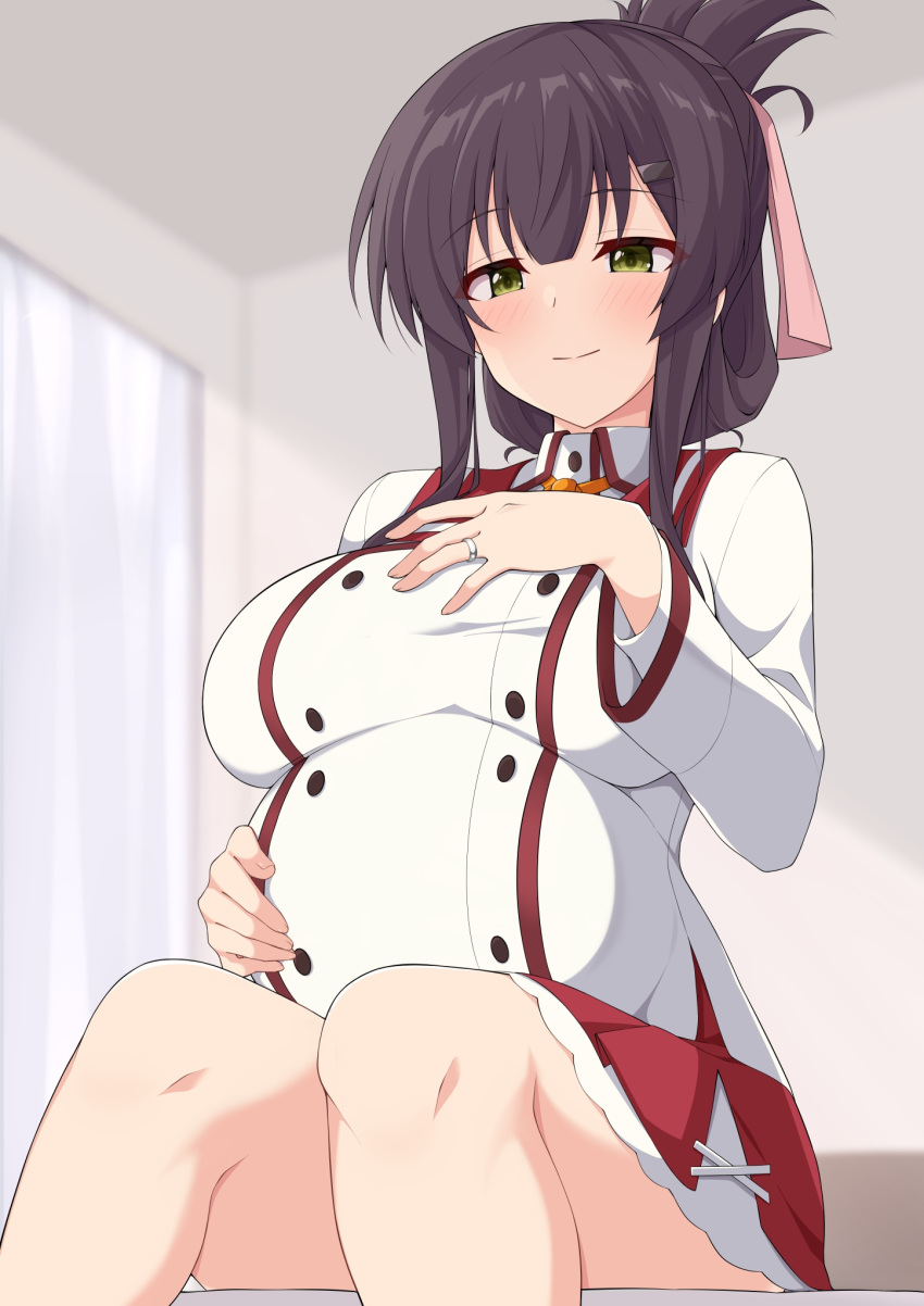 1girl, big_belly, black_hair, blush, breasts, closed_mouth, commission, curtains, dot_nose, green_eyes, hair_ornament, hair_ribbon, hairclip, half_updo, hand_on_own_stomach, highres, indoors, jewelry, large_breasts, looking_at_viewer, maruta_(denmasked), pink_ribbon, pregnant, red_skirt, ribbon, ring, shirt, short_hair, sitting, skeb_commission, skirt, smile, solo, toji_no_miko, variant_set, wedding_ring, white_shirt, yanase_mai