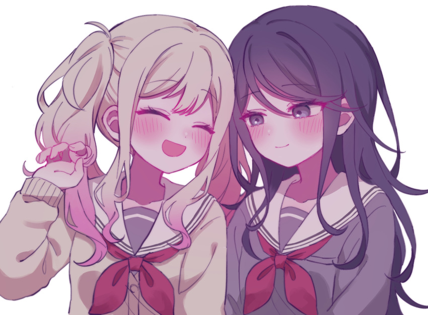 2girls, :d, blonde_hair, blue_eyes, blush, cardigan, commentary, dot_nose