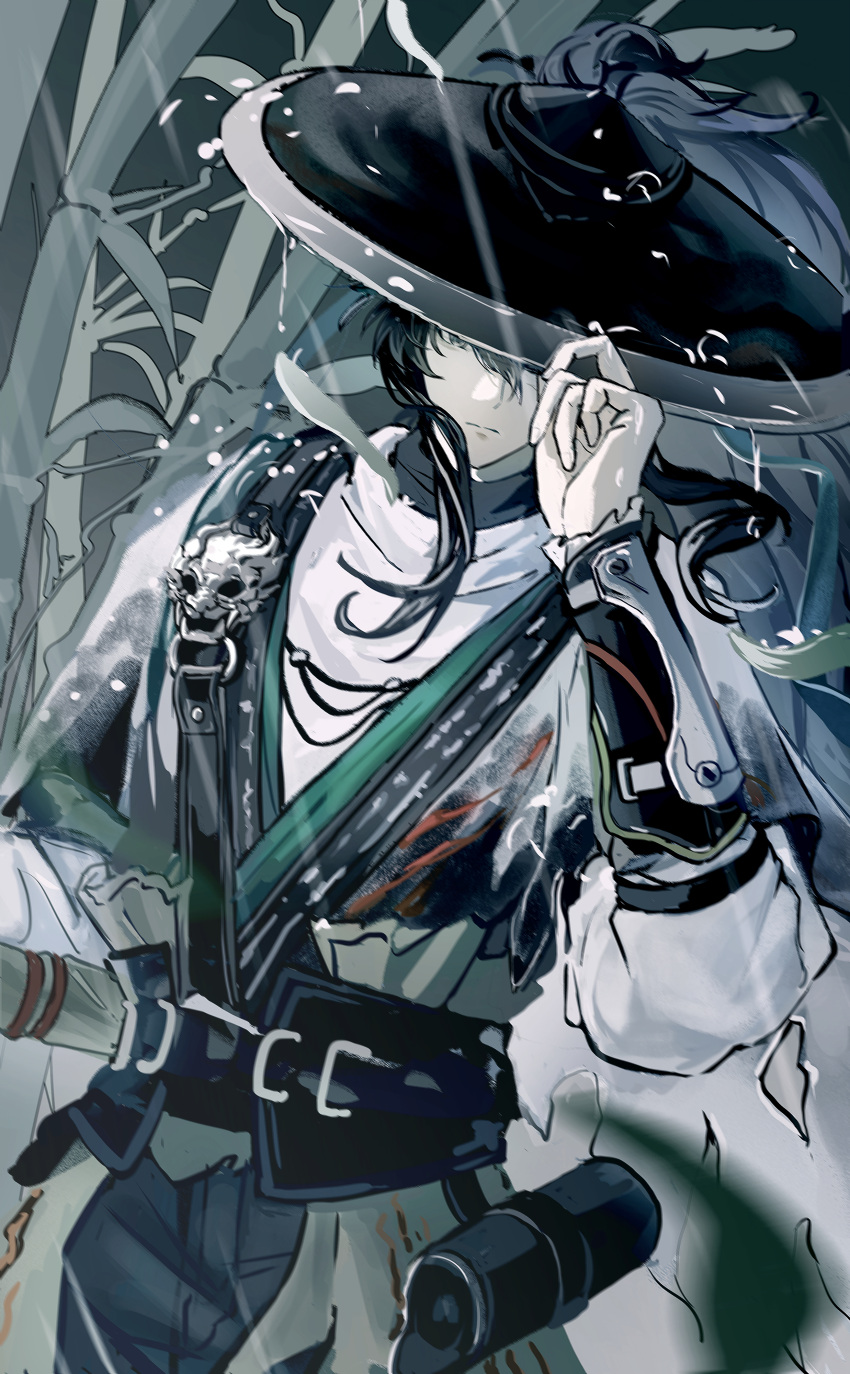 1boy, absurdres, arm_armor, black_hair, black_pants, chinese_commentary, chinese_hat, closed_mouth