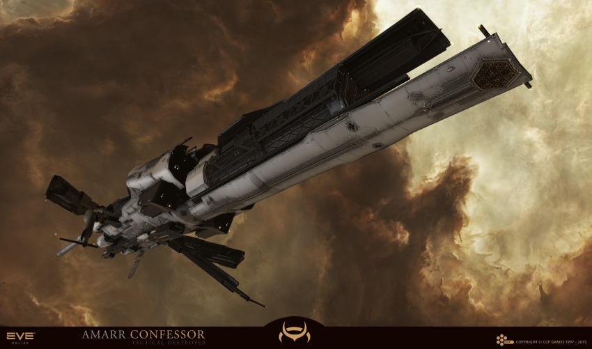 3d, absurdres, advanced_ship_(eve_online), amarr_empire_(eve_online), attack_ship_(eve_online), brown_background, clouds, commentary