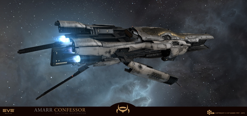 3d, absurdres, advanced_ship_(eve_online), amarr_empire_(eve_online), attack_ship_(eve_online), clouds, commentary, company_logo