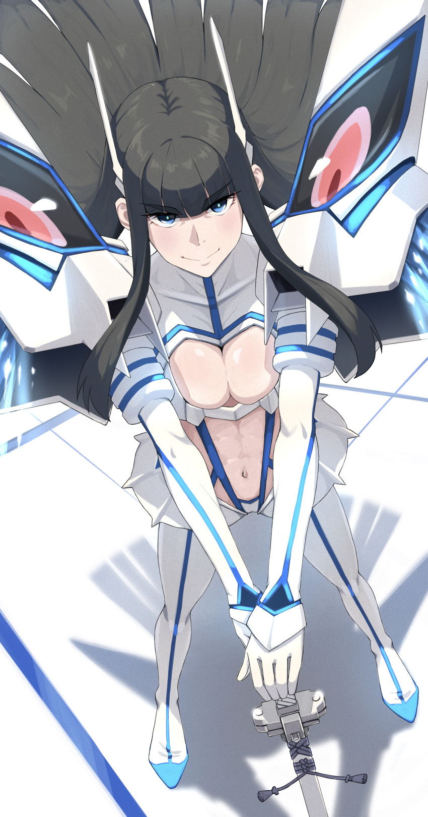 1girl, absurdres, bakuzan, black_hair, blue_eyes, breasts, commentary, from_above, highres, hitempo, junketsu, kamui_(kill_la_kill), kill_la_kill, kiryuuin_satsuki, life_fiber, long_hair, revealing_clothes, solo, sword, thick_eyebrows, weapon