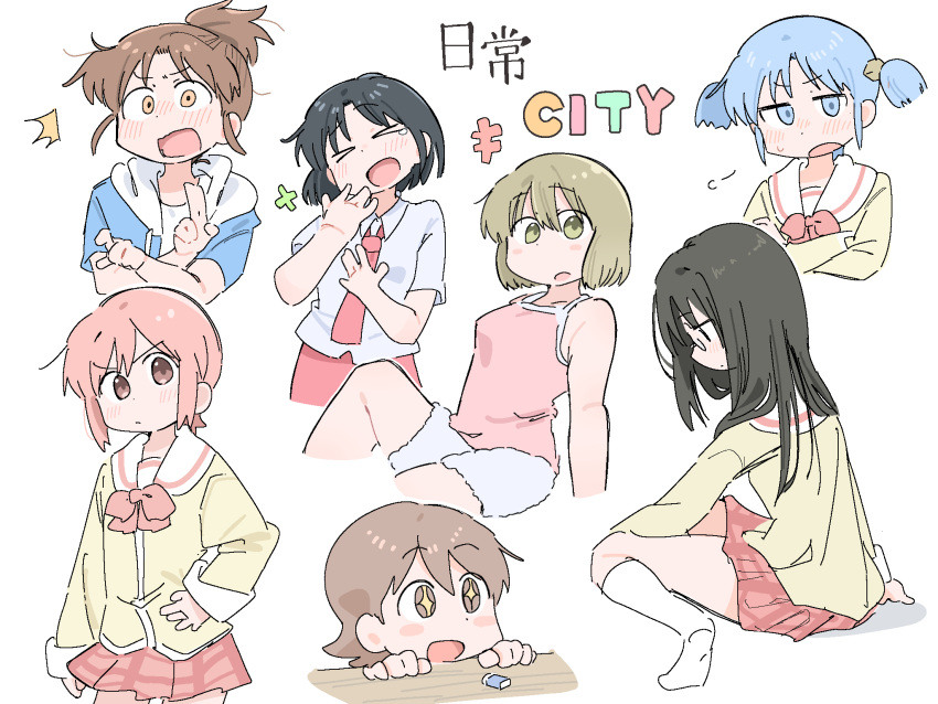 >_<, +_+, 6+girls, aioi_yuuko, bare_shoulders, black_eyes, black_hair, blonde_hair