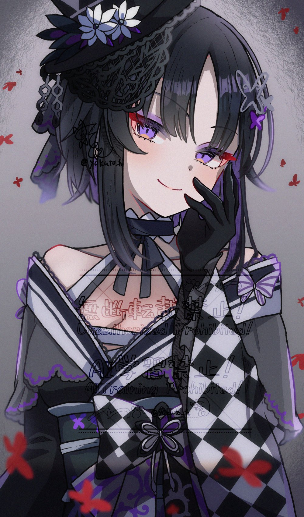 1girl, black_gloves, black_hair, bow, bug, butterfly, butterfly_hair_ornament, checkered_bow