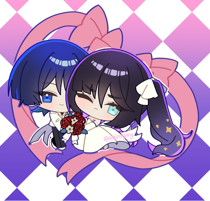 1boy, 1girl, :<, absurdres, alternate_costume, aqua_eyes, argyle_background, asymmetrical_bangs