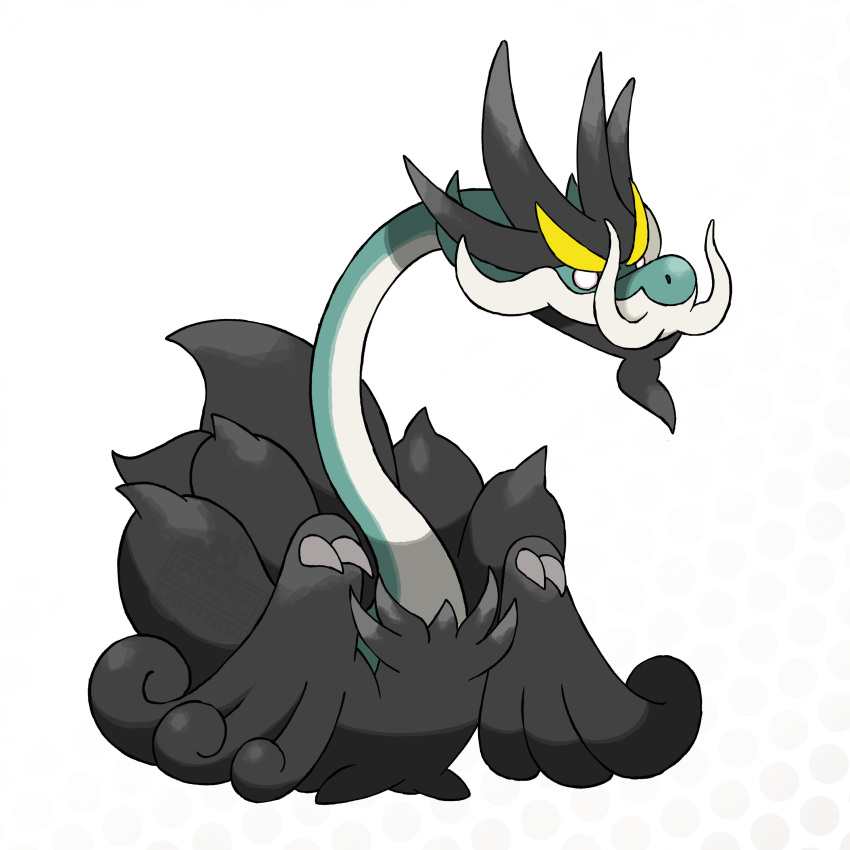 absurdres, aqua_skin, black_fur, colored_skin, dragon, drampa, highres, horns