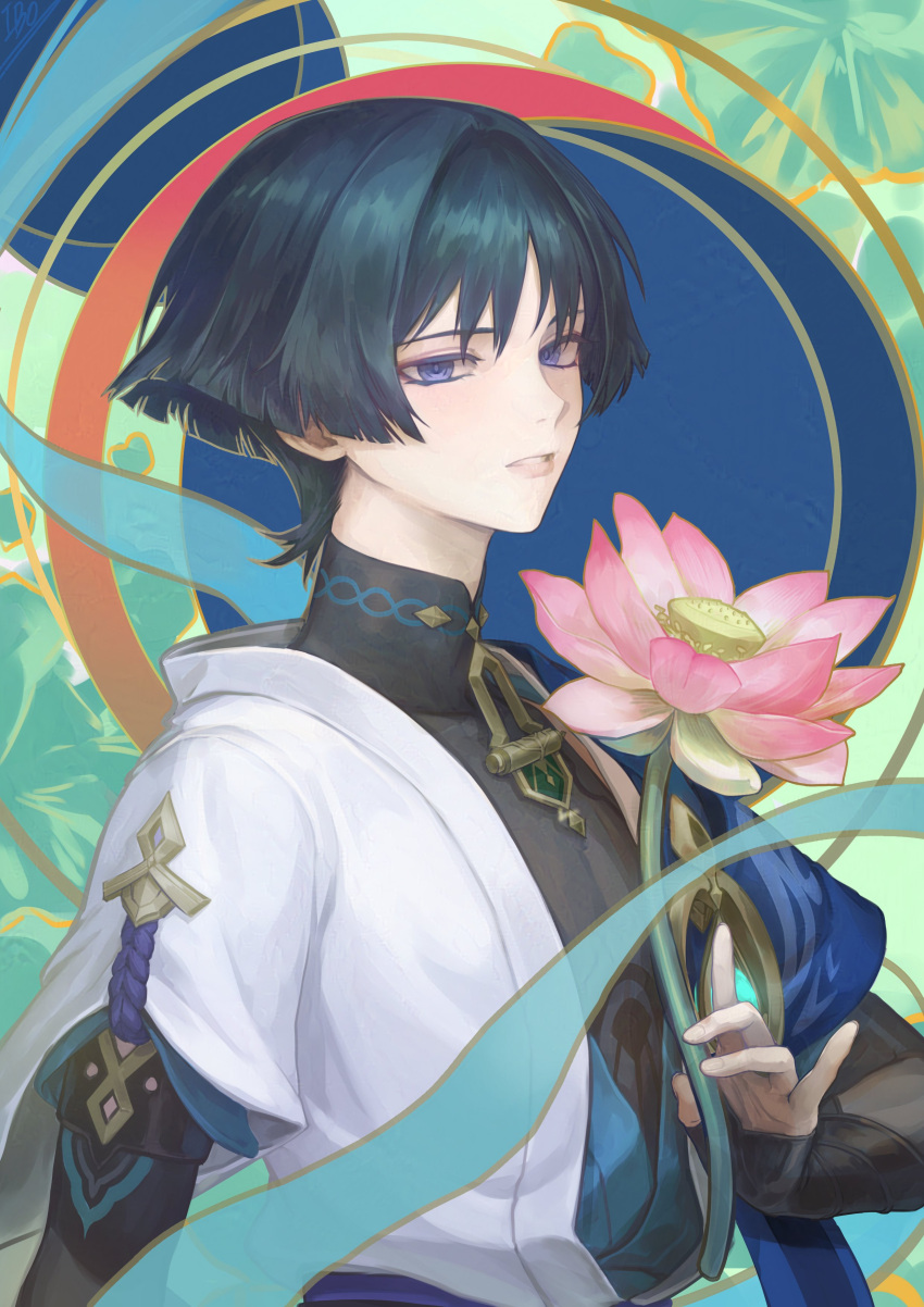 1boy, 49ibo240, absurdres, aqua_gemstone, aqua_hair, armor, bishounen, black_bodysuit, black_bridal_gauntlets, blue_cape, blue_kimono, blue_sleeves, blunt_ends, bodysuit, bridal_gauntlets, cape, colored_eyelashes, eyeliner, eyeshadow, fingernails, flower, furisode, gem, genshin_impact, glowing_gem, gold, highres, holding, holding_flower, japanese_armor, japanese_clothes, juban, kimono, kote, kurokote, layered_sleeves, lily_pad, looking_at_viewer, makeup, male_focus, mandarin_collar, open_clothes, open_kimono, parted_bangs, parted_lips, pink_flower, pink_lips, purple_rope, red_eyeliner, red_eyeshadow, rope, scaramouche_(genshin_impact), short_sleeves, shoulder_peek, solo, tsurime, upper_body, violet_eyes, vision_(genshin_impact), wanderer_(genshin_impact), white_kimono, white_mouth, white_sleeves, wispy_bangs