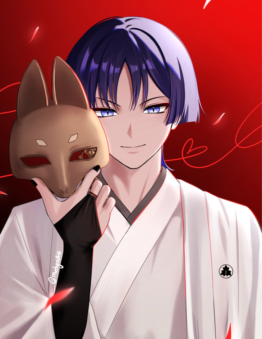 1boy, black_bridal_gauntlets, black_kimono, black_nails, blunt_ends, bridal_gauntlets, brown_mask, closed_mouth, cosplay, eyeliner, eyeshadow, falling_petals, fox_mask, fox_mask_(silent_hill), fox_mask_(silent_hill)_(cosplay), genshin_impact, hand_up, haori, heart, highres, holding, holding_mask, japanese_clothes, juban, kimono, looking_at_viewer, makeup, male_focus, mask, melyuuto, middle_ring, petals, purple_hair, red_background, red_eyeliner, red_eyeshadow, red_petals, scaramouche_(genshin_impact), silent_hill_(series), silent_hill_f, slit_pupils, smile, solo, straight-on, tsurime, twitter_username, upper_body, violet_eyes, white_haori, white_kimono, wispy_bangs