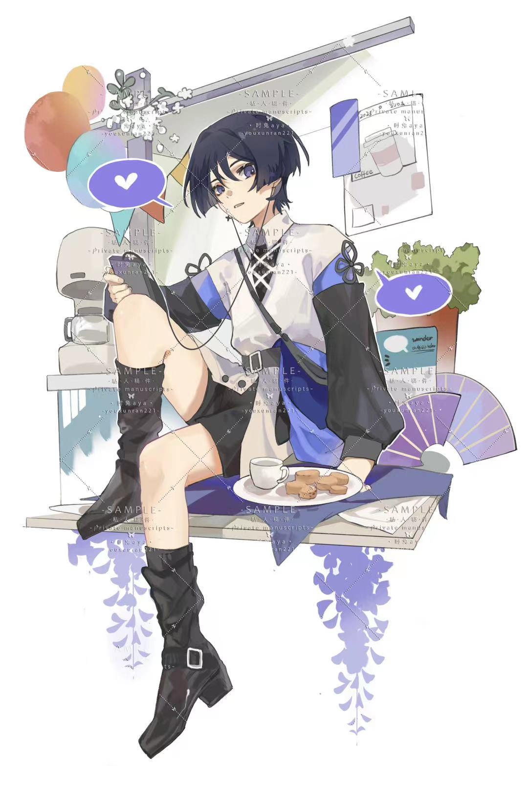 1boy, alternate_costume, arm_at_side, arm_cutout, balloon, belt, belt_buckle, black_belt