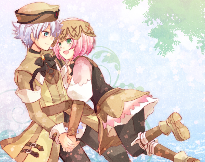 azel_(rune_factory), blush, flower, green_eyes, hand_holding, hat, headband, holding_hands