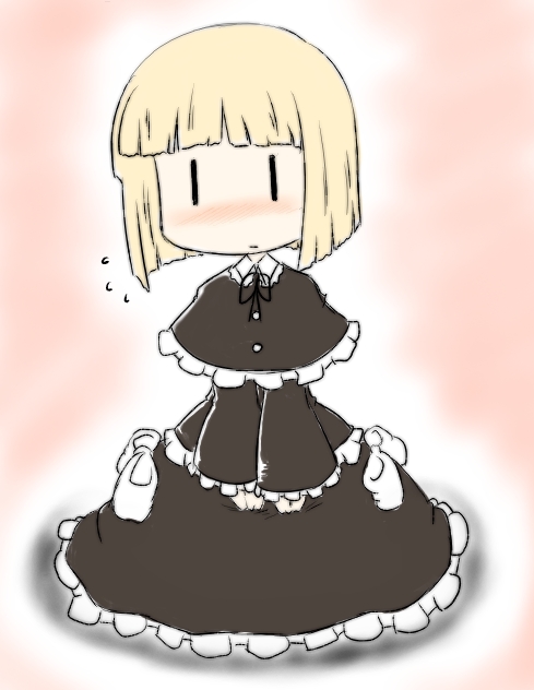 blonde_hair, blush, bob_cut, capelet, chibi, dress, flying_sweatdrops, frills, fuugetsu_oreha_ikiru, nichijou, sekiguchi_yuria, short_hair, solo, |_|