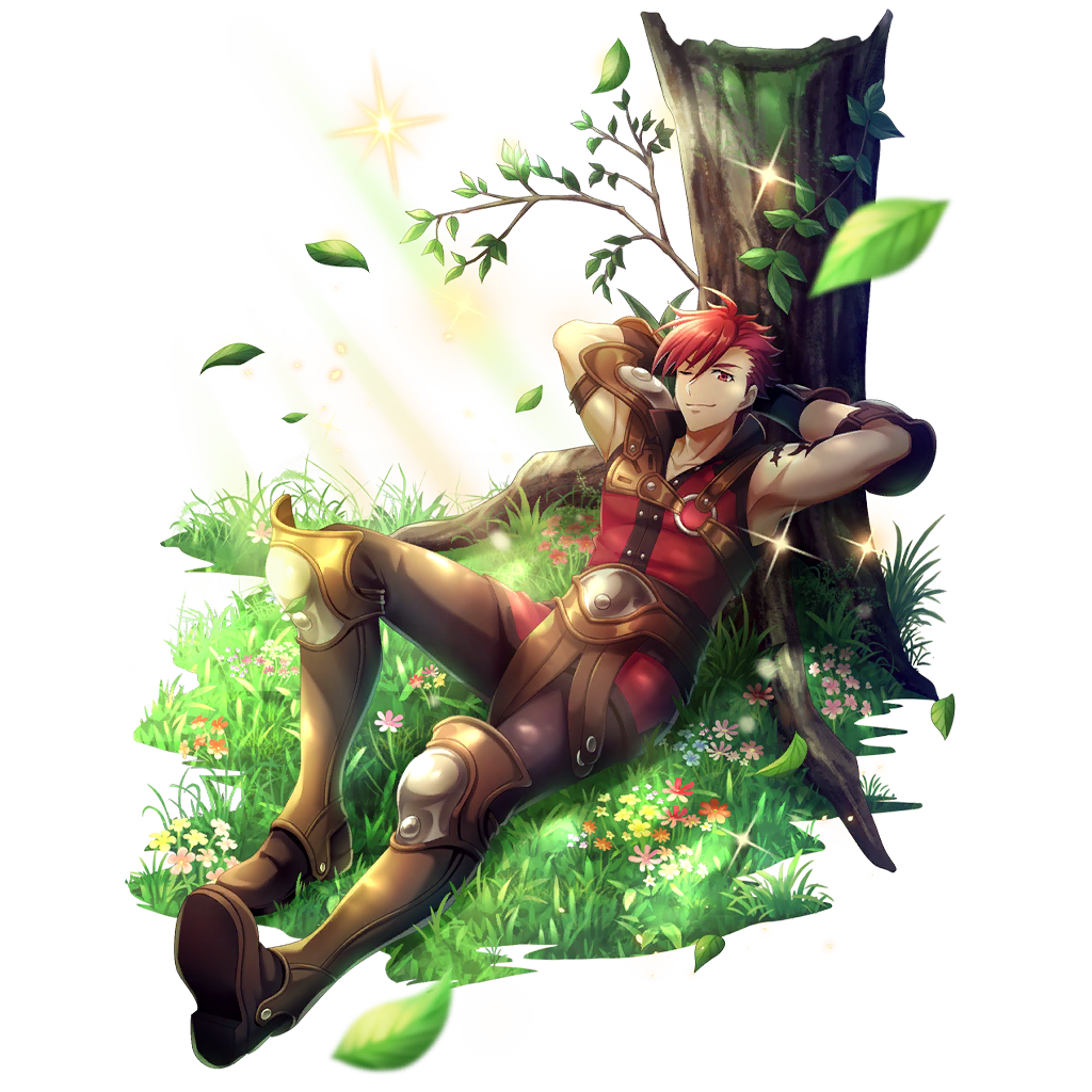 1boy, arm_tattoo, armor, armpits, arms_behind_head, artist_request, black_shirt, branch, brown_armor, brown_gloves, brown_pants, closed_mouth, day, elbow_gloves, falling_leaves, full_body, game_cg, gloves, grass, greaves, grey_armor, hair_between_eyes, knee_up, l'arc_berg_sickle, leaf, leather_loincloth, light_particles, loincloth, looking_at_viewer, lying, male_focus, messy_hair, official_art, on_back, on_grass, one_eye_closed, outdoors, pants, pauldrons, poleyn, red_eyes, red_hair, red_shirt, shin_guards, shirt, short_hair, shoulder_armor, simple_background, single_pauldron, sleeveless, sleeveless_shirt, smile, solo, sparkle, straight-on, sunlight, swept_bangs, tate_no_yuusha_no_nariagari, tate_no_yuusha_no_nariagari_rerise, tattoo, transparent_background, tree, two-tone_armor, two-tone_shirt, underwear, v-shaped_eyebrows