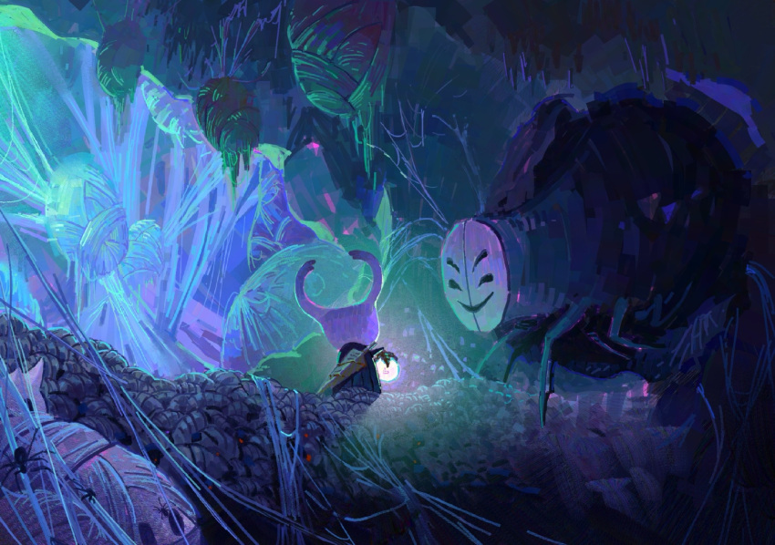 arthropod_boy, bug, cocoon, frozensoba, highres, hollow_knight, horns, knight_(hollow_knight), lantern, mask, midwife_(hollow_knight), nail_(hollow_knight), silk, smile, spider, spider_web