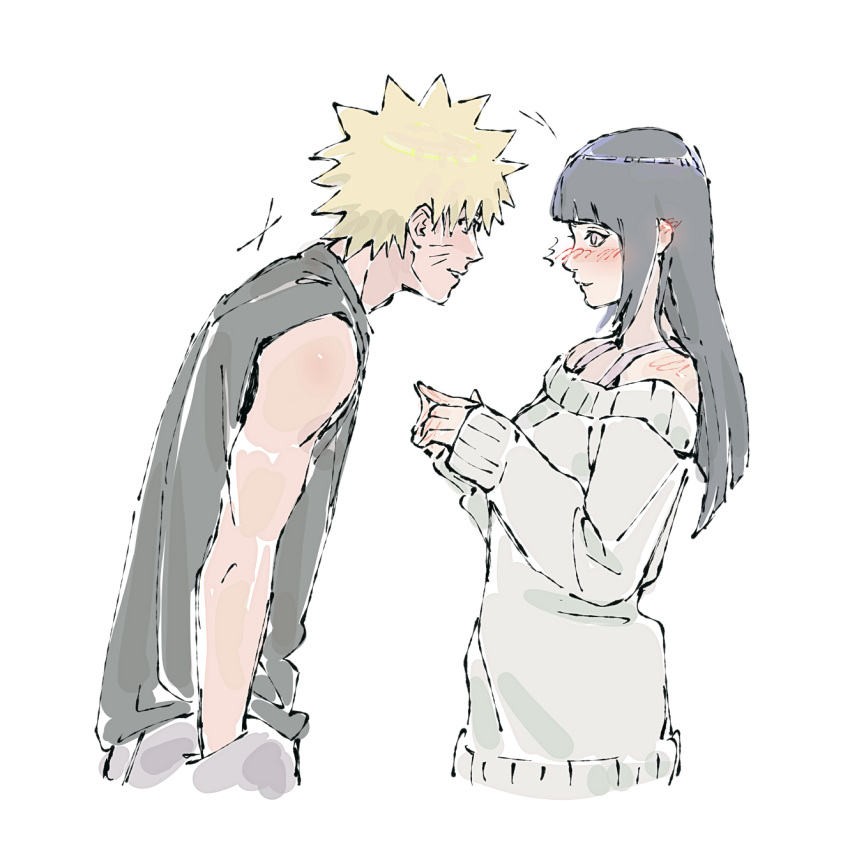 1boy, 1girl, beerenfuchs, black_hair, black_shirt, blonde_hair, blunt_bangs, blush