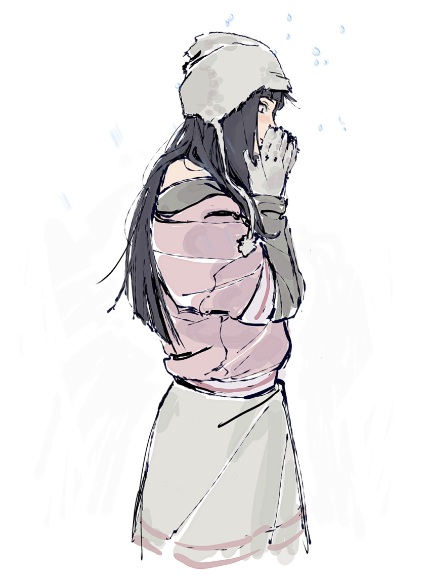 1girl, beerenfuchs, black_hair, commentary, covering_own_mouth, from_side, gloves, grey_gloves