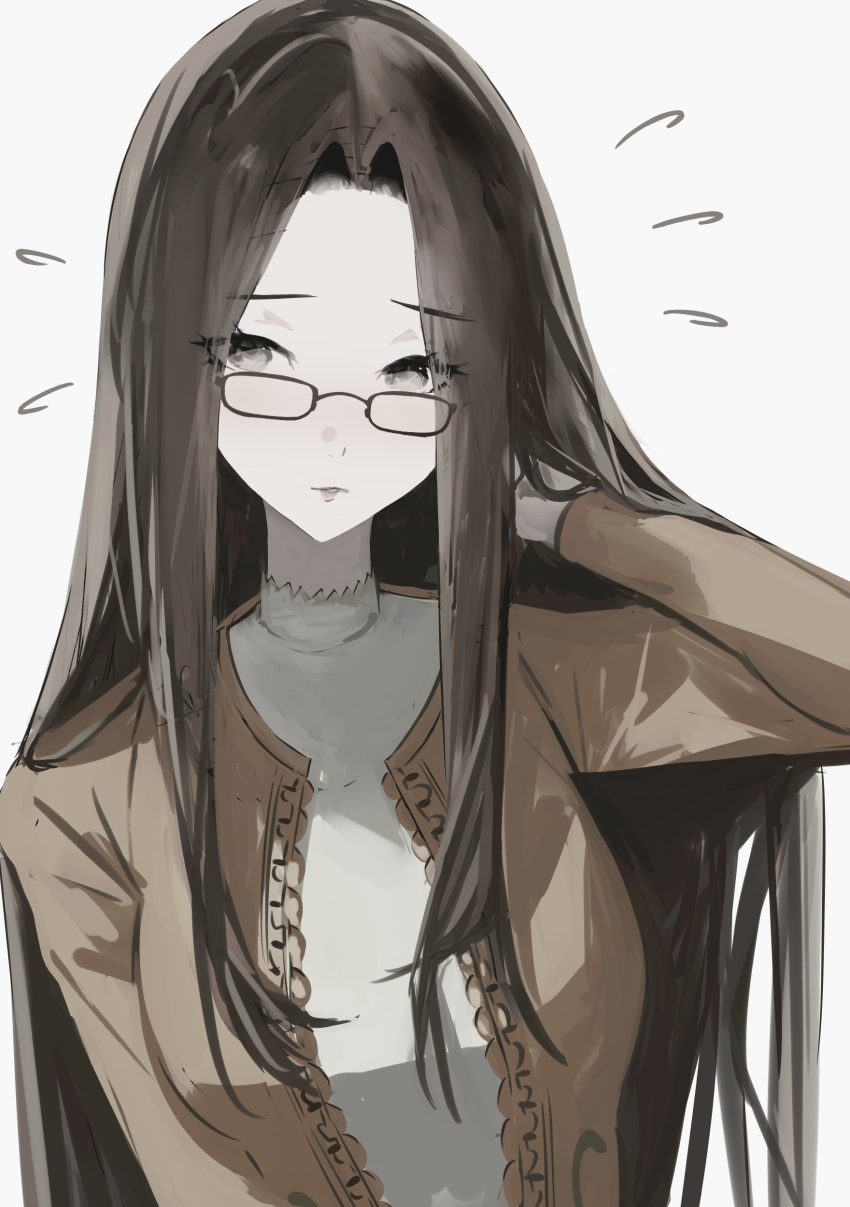 1girl, absurdres, breasts, brown-framed_eyewear, brown_hair, brown_jacket, commentary_request, curtained_hair, fushimi_chihiro, glasses, grey_eyes, hand_in_own_hair, hand_up, highres, jacket, k1kiwa, large_breasts, long_hair, long_sleeves, looking_at_viewer, notice_lines, open_clothes, open_jacket, parted_lips, persona, persona_3, shirt, sidelocks, simple_background, solo, turtleneck, turtleneck_shirt, upper_body, very_long_hair, white_background, white_shirt