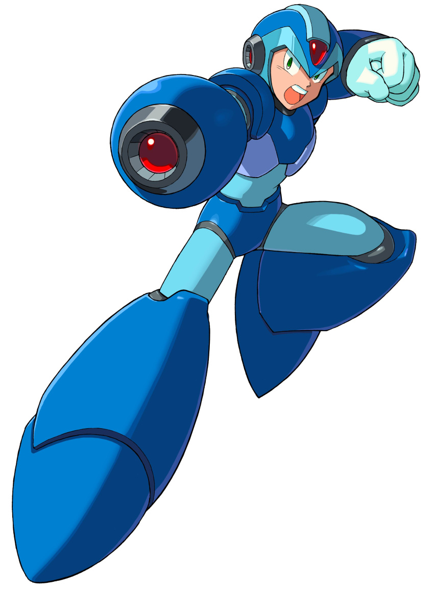1boy, absurdres, aiming, aiming_at_viewer, android, arm_cannon, armor, blue_armor