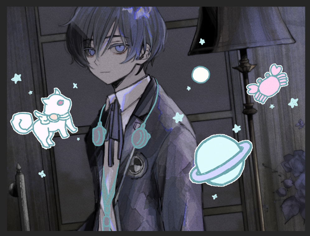 1boy, :|, arms_at_sides, black_border, black_jacket, blue_eyes, blue_hair, blue_ribbon, border, chibi, closed_mouth, commentary_request, crab, digital_media_player, digital_walkman, dog, drawn_object, drawn_star, dutch_angle, earphones, floor_lamp, gekkoukan_high_school_uniform, hair_between_eyes, indoors, jacket, koromaru_(persona), lamp, lampshade, long_sleeves, looking_at_viewer, male_focus, open_clothes, open_jacket, persona, persona_3, planet, ribbon, saturn_(planet), school_uniform, shirt, short_hair, sumino_suito, upper_body, walkman_nw-s203f, white_shirt, window, yuuki_makoto_(persona_3)
