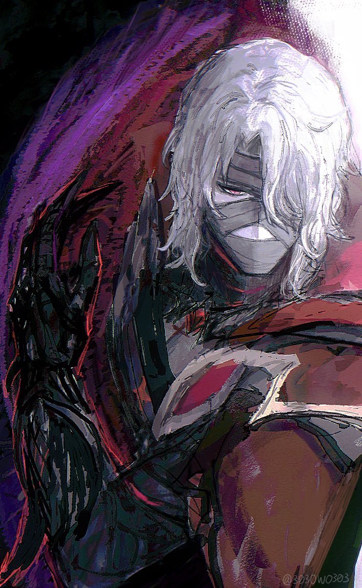 1boy, 303owo303, armor, bandage_over_one_eye, bandaged_head, bandages, black_gloves, cape