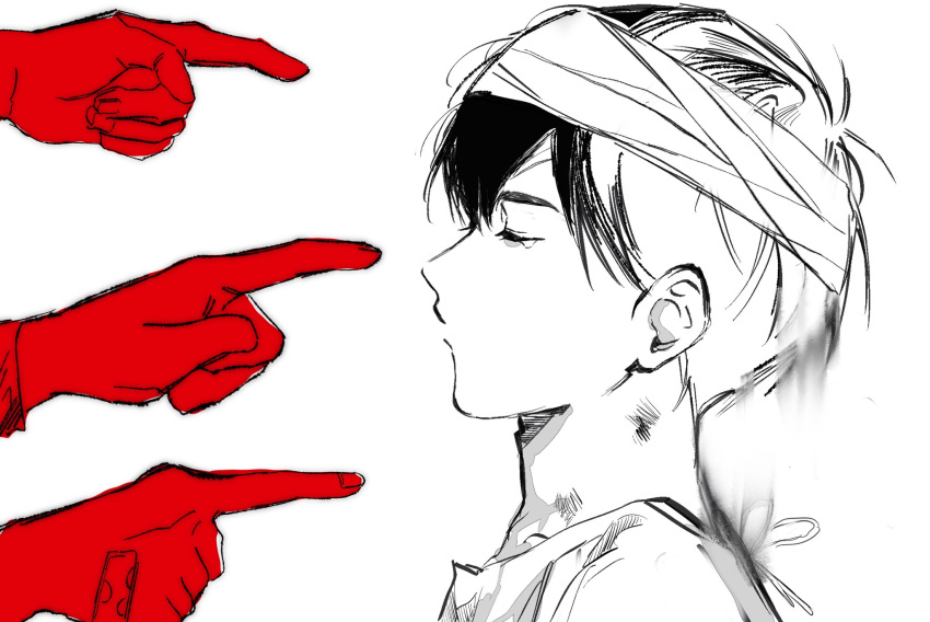 1boy, 3others, antenna_hair, bandaged_head, bandages, bandaid, bandaid_on_hand, closed_eyes