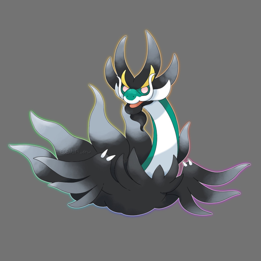 aqua_skin, black_fur, colored_skin, dragon, drampa, eden_a_drw, facial_hair, goatee, highres, horns, long_neck, mega_drampa, mega_pokemon, mustache, pokemon, pokemon_(creature), pokemon_focus, pokemon_legends:_z-a, v-shaped_eyebrows
