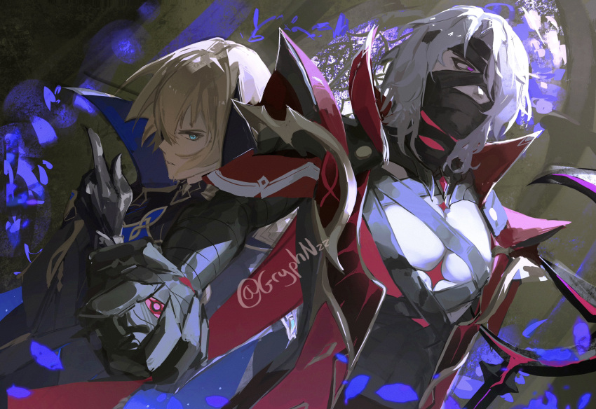 2boys, absurdres, bandage_over_one_eye, bandaged_arm, bandaged_head, bandaged_neck, bandaged_torso, bandages, bandages_over_mouth, black_bandages, black_gloves, blonde_hair, blue_eyes, cape, dainsleif_(genshin_impact), genshin_impact, gloves, gryphnzz, hair_between_eyes, hashtag-only_commentary, highres, male_focus, medium_hair, multiple_boys, one_eye_covered, red_cape, rerir_(genshin_impact), twitter_username, violet_eyes, white_hair