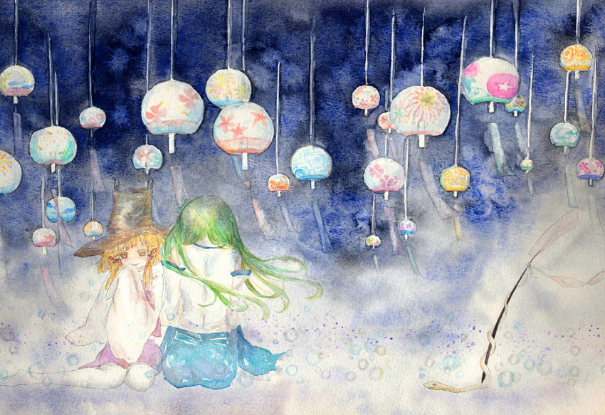 back, blonde_hair, blush, gohei, green_hair, hat, kochiya_sanae, long_hair, momoko_(pixiv219000), moriya_suwako, multiple_girls, snake, thigh-highs, thighhighs, touhou, traditional_media, watercolor_(medium), white_legwear, wind_chime, yellow_eyes