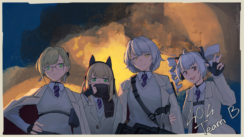 4girls, animal_ear_headphones, animal_ears, black_gloves, blonde_hair, bow, cat_ear_headphones, cat_ears