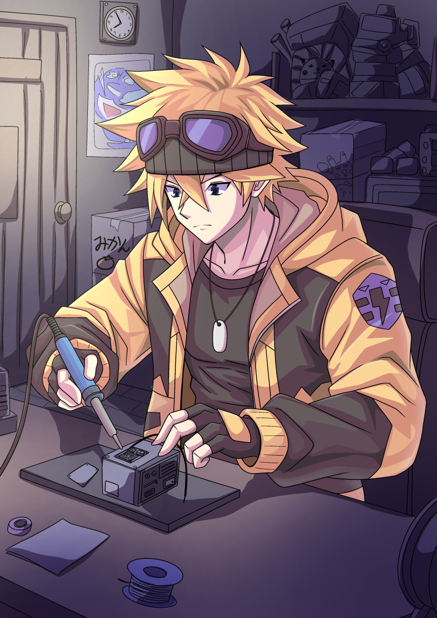 1boy, absurdres, black_gloves, black_jacket, black_shirt, blonde_hair, box, clock