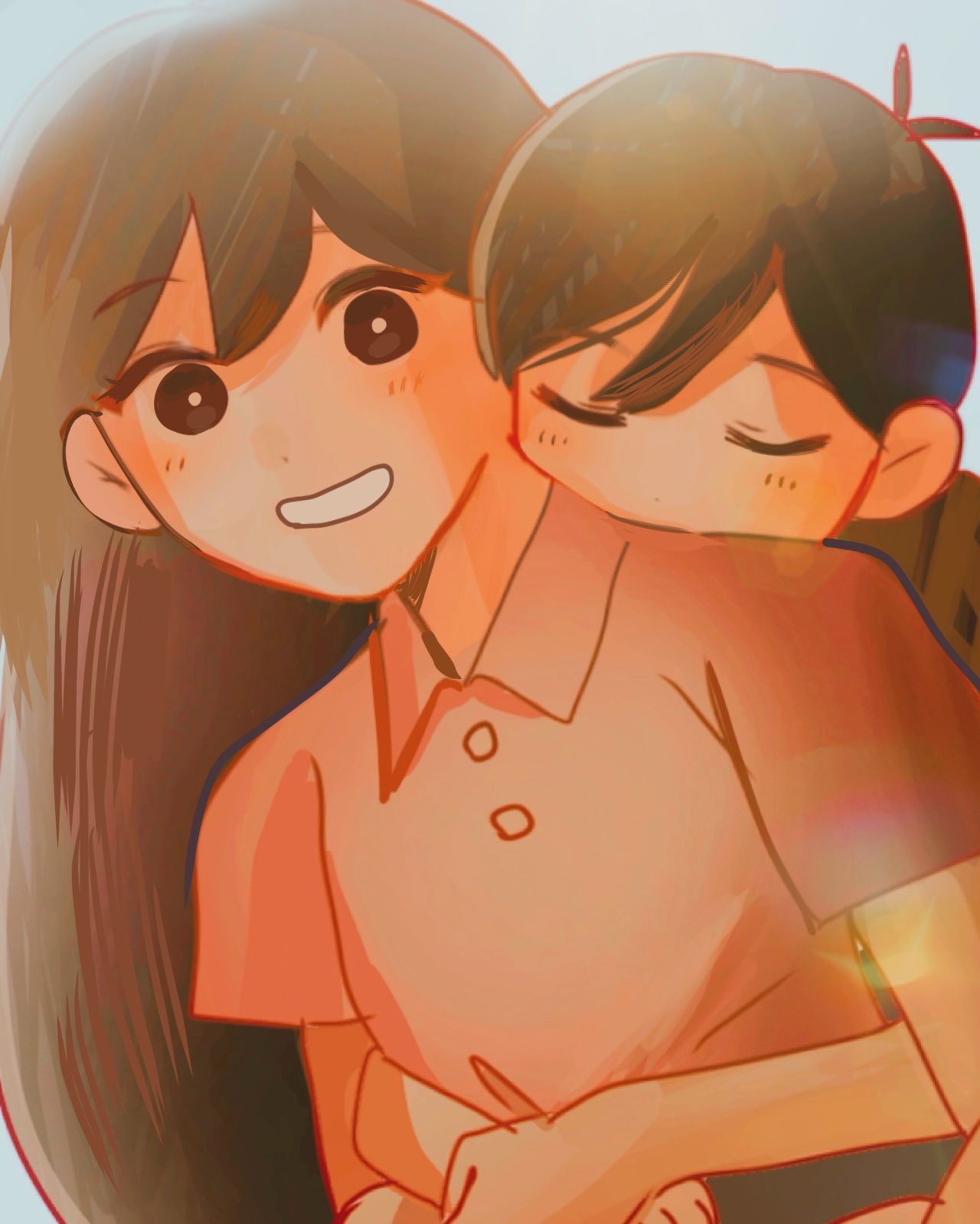 1boy, 1girl, :d, aged_down, antenna_hair, black_eyes, black_hair, black_shirt