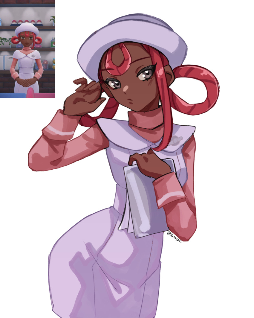 1girl, commentary, dark-skinned_female, dark_skin, dress, english_commentary, grey_eyes, hair_rings, hat, highres, joy_(pokemon), joy_(pokemon_legends:_z-a), kxddybu, nurse_cap, photo_inset, pink_hair, pokemon, pokemon_legends:_z-a, reference_inset, simple_background, solo, twitter_username, very_dark_skin, white_background