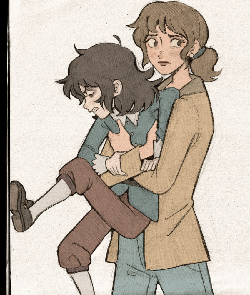 1boy, 1girl, abaddon_(haunted_hotel), abaddon_(human)_(haunted_hotel), bags_under_eyes, blue_coat, brown_eyes, brown_hair