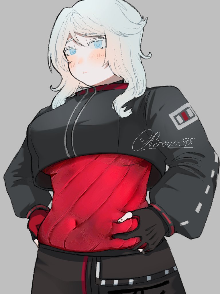1girl, archery_shooting_glove, belly_grab, black_gloves, black_pants, blue_eyes, blush, boun578