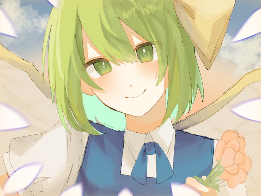 1girl, blue_ribbon, blue_vest, blush, commentary, daiyousei, danmaku, fairy