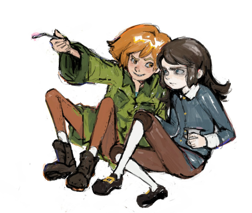 1boy, 1girl, abaddon_(haunted_hotel), abaddon_(human)_(haunted_hotel), blue_coat, blue_eyes, boots, brown_hair