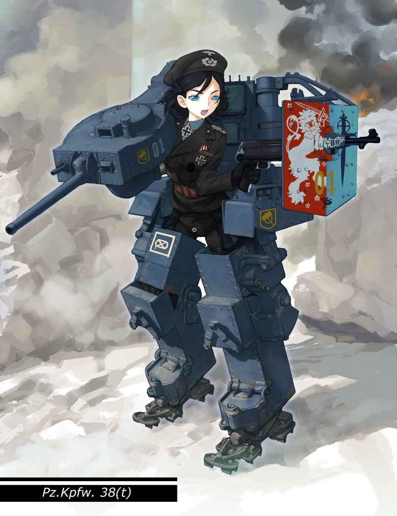 hat, mecha_musume, military, military_uniform, military_vehicle, mp40, nijiiro_ink, original