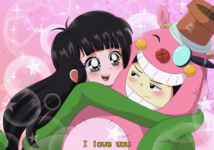1990s_(style), 1boy, 1girl, black_hair, blunt_bangs, brenni_murasaki, character_request, clip_studio_paint_(medium)