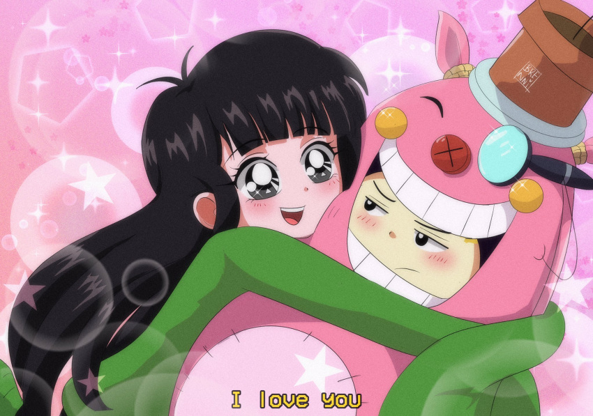 1990s_(style), 1boy, 1girl, black_hair, blunt_bangs, brenni_murasaki, character_request, clip_studio_paint_(medium)