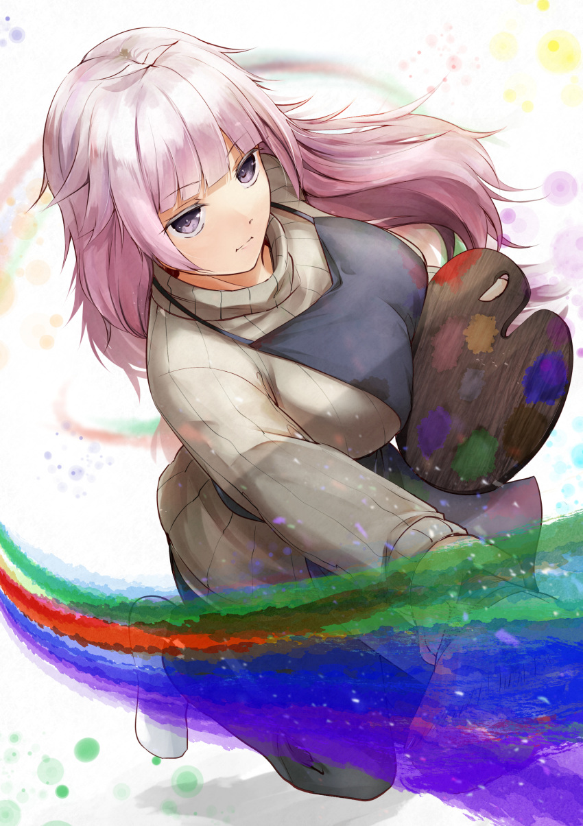 1girl, absurdres, apron, breasts, expressionless, green_pants, highres, holding, holding_paint_palette, holding_paintbrush, kogure_yuki, large_breasts, long_hair, paint_palette, paintbrush, painting_(action), pants, pink_hair, rainbow, ro_risu, socks, solo, sweater, turtleneck, turtleneck_sweater, violet_eyes, wakeari_shinrei_mansion, white_socks