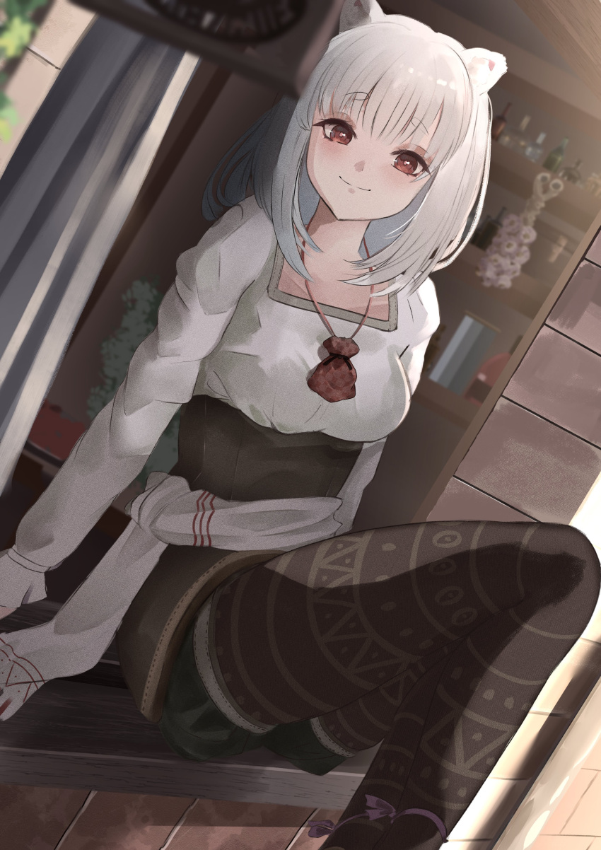 1girl, absurdres, animal_ears, araca_ra, arm_around_waist, arm_support, black_skirt, blurry