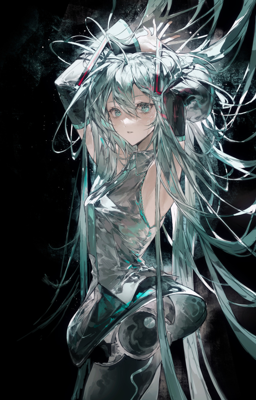 1girl, :o, absurdres, aqua_eyes, aqua_hair, aqua_necktie, armpits, arms_up, black_background, black_skirt, black_sleeves, breasts, collared_shirt, cowboy_shot, cyborg, detached_sleeves, expressionless, floating_headgear, from_side, hair_between_eyes, hatsune_miku, headgear, highres, joints, light_particles, long_hair, looking_at_viewer, looking_to_the_side, mechabare, mechanization, messy_hair, miniskirt, necktie, parted_lips, robot_joints, seams, shirt, sideways_glance, simple_background, skirt, sleeveless, sleeveless_shirt, small_breasts, solo, very_long_hair, vocaloid, zhouliang48183